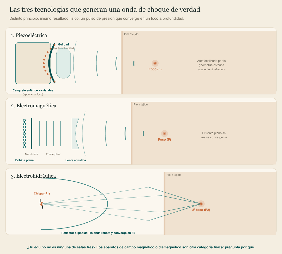 Esquema de los tres generadores de ondas de choque focales: piezoeléctrico, electromagnético y electrohidráulico